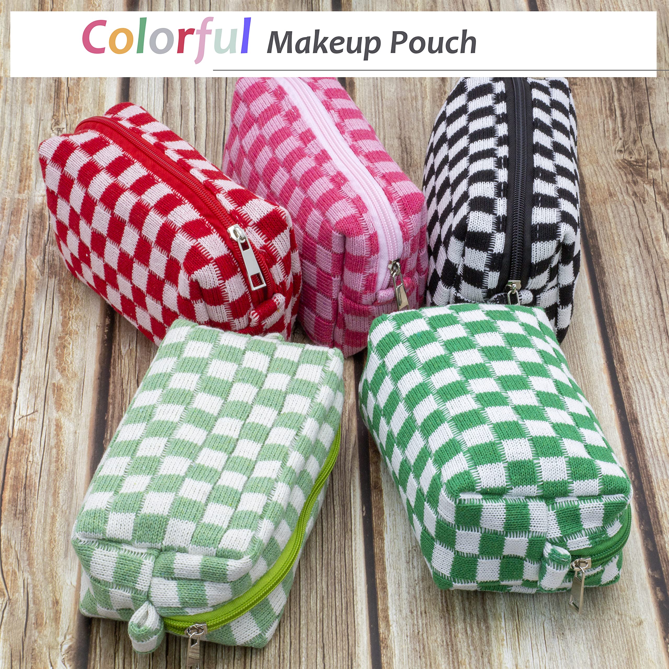 PAZIMIIK checkered makeup bag stacked with essentials in a tote or backpack