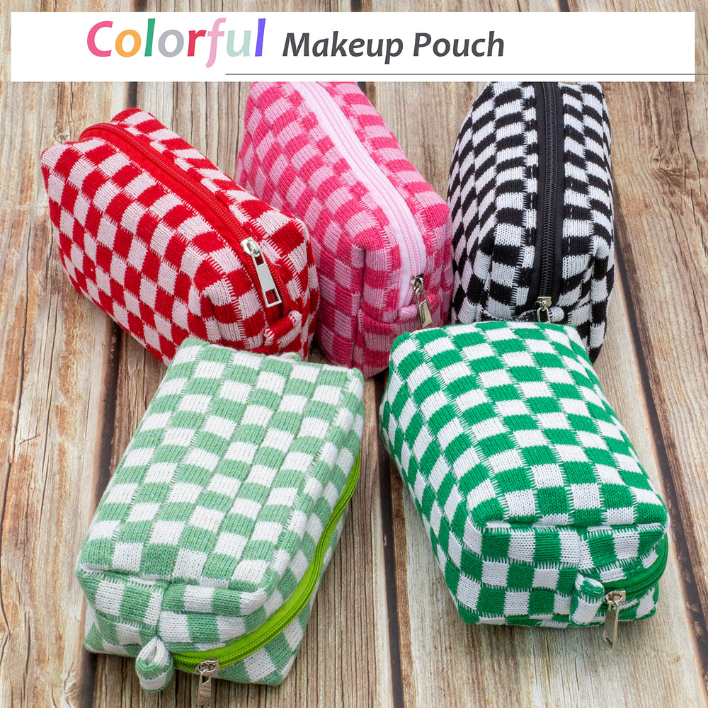 PAZIMIIK checkered makeup bag stacked with essentials in a tote or backpack