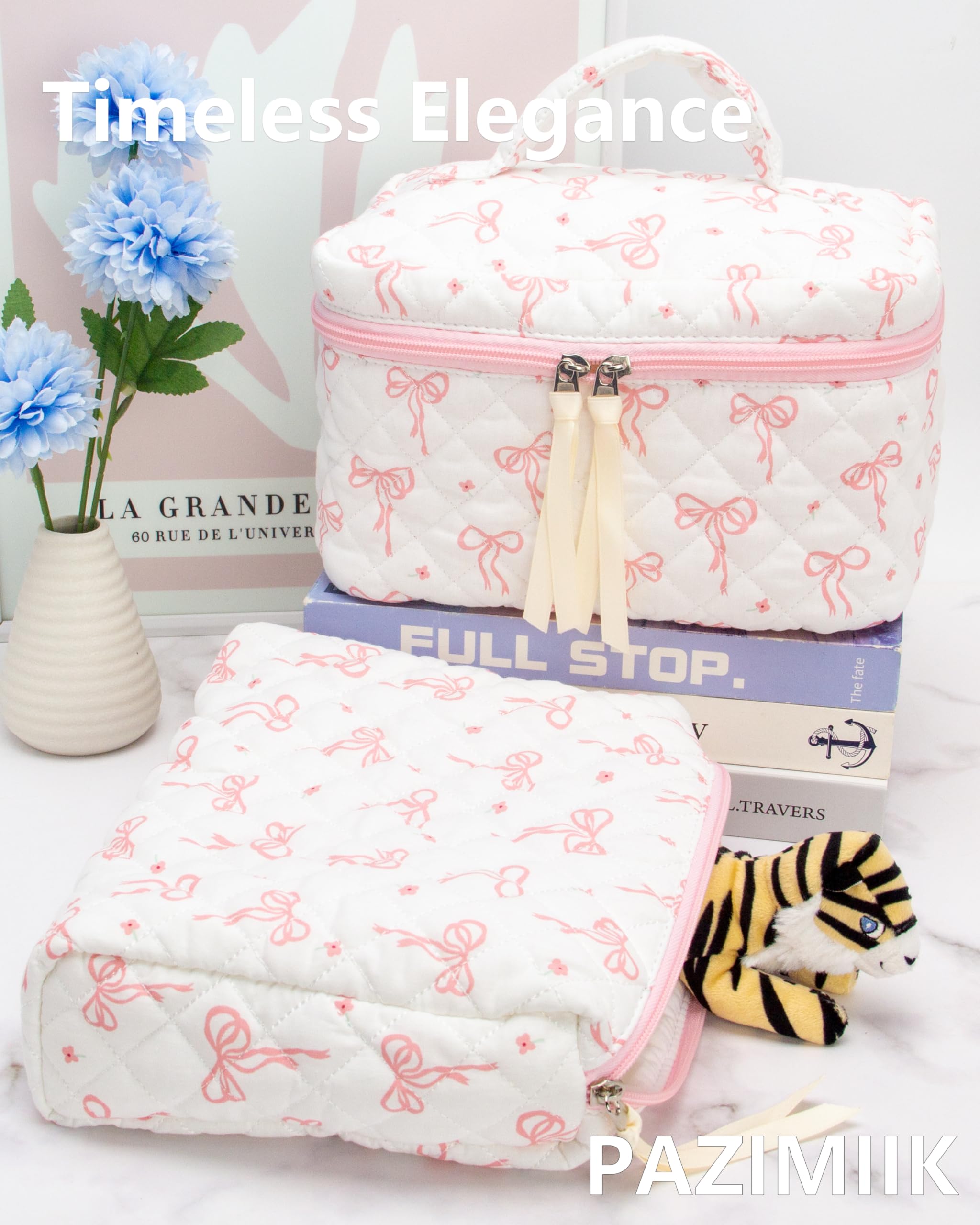 PAZIMIIK quilted makeup bag travel-friendly design fits in bags and luggage.