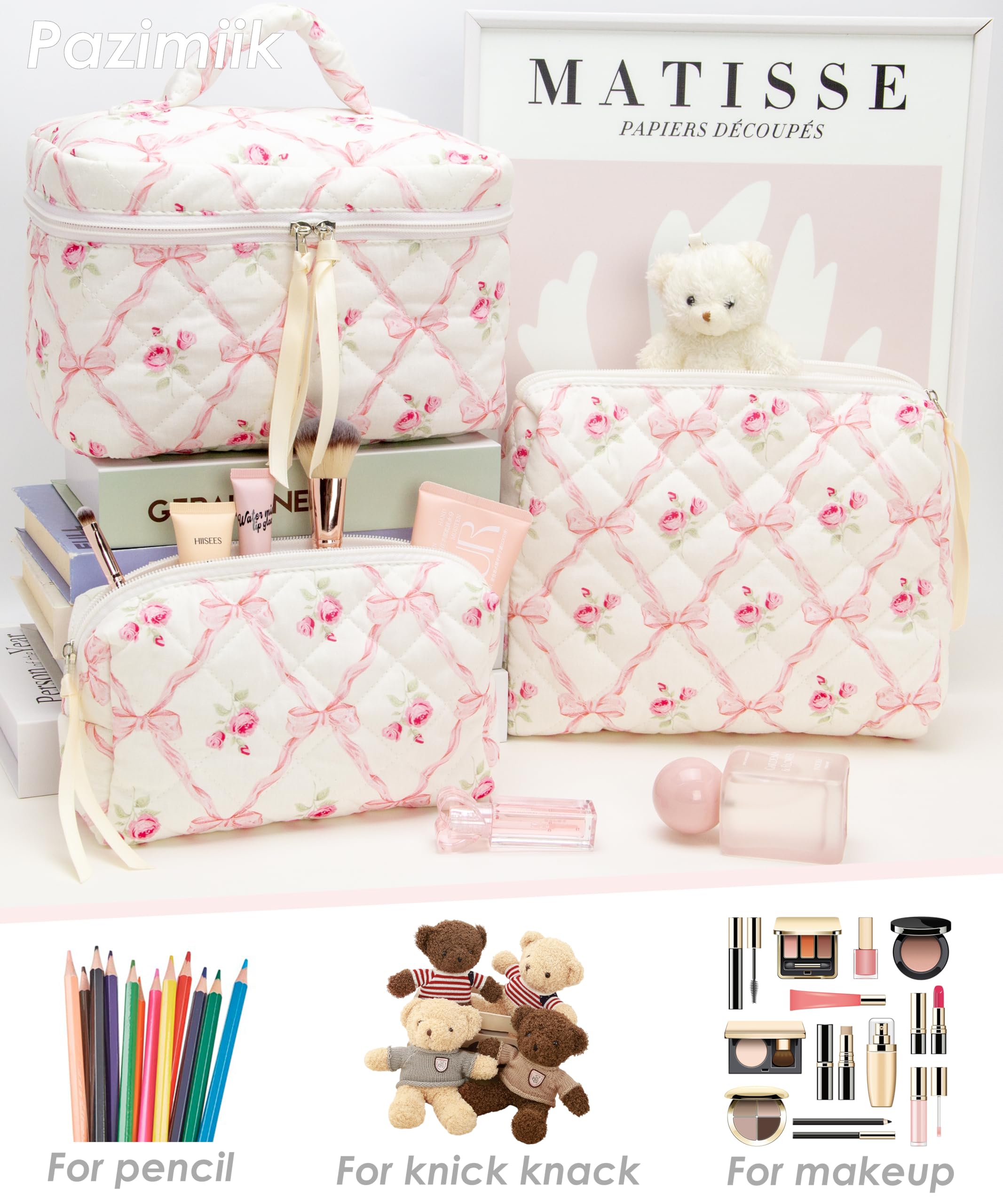 PAZIMIIK Bow Rose makeup bag set close-up highlighting coordinated design