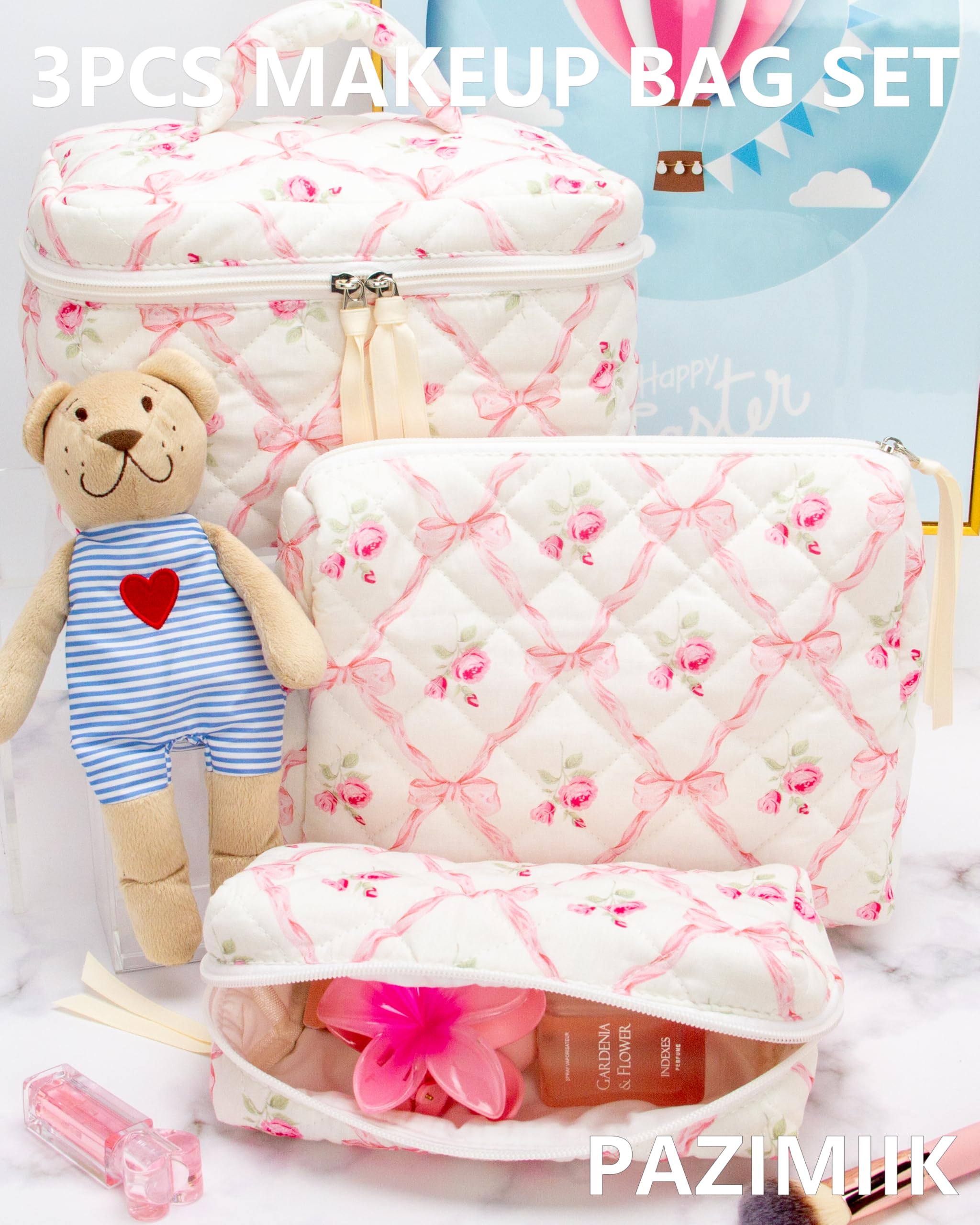 PAZIMIIK Bow Rose makeup bag mesh pocket for brushes and small items