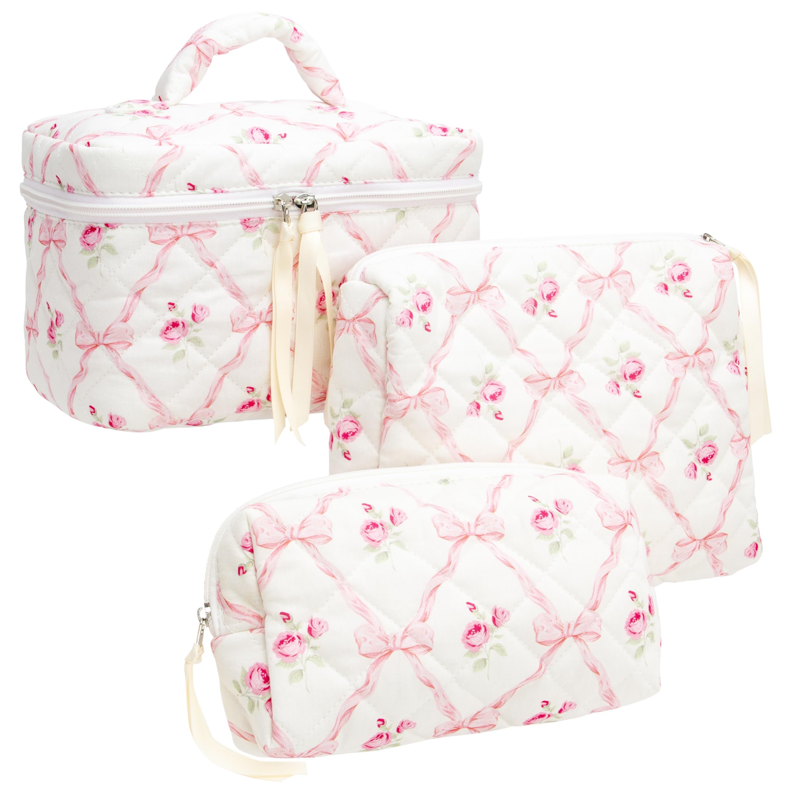PAZIMIIK Bow Rose quilted exterior makeup bag in large size for premium organization