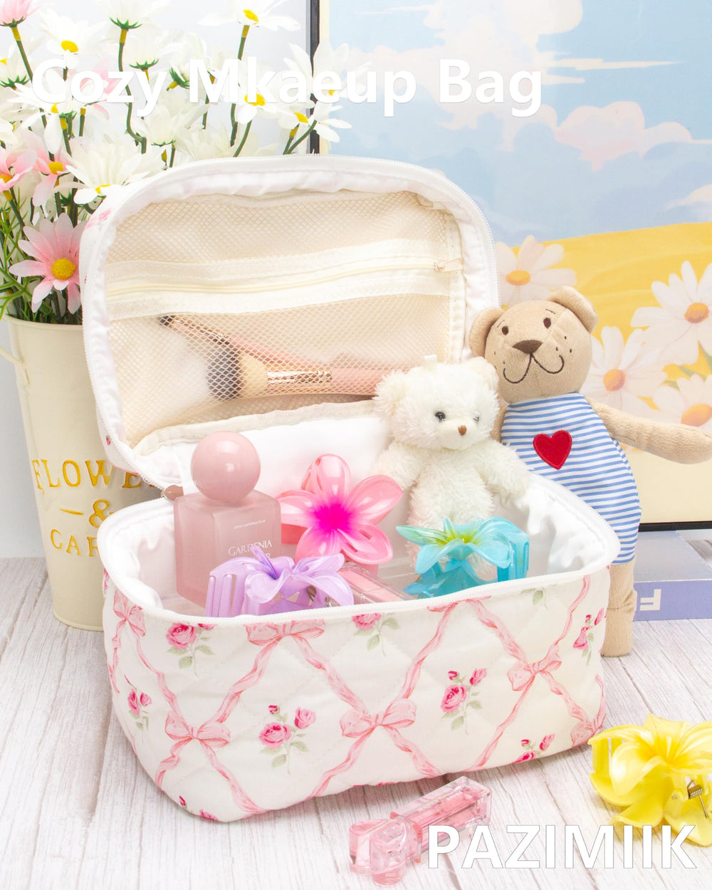 PAZIMIIK Bow Rose makeup bag showing spacious main compartment for cosmetics