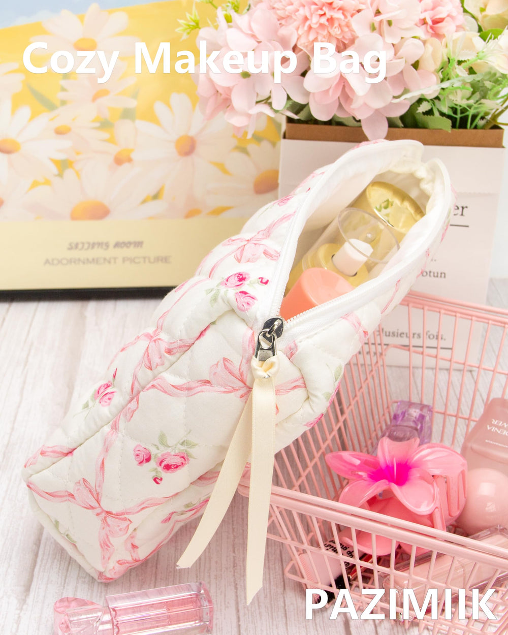 PAZIMIIK Bow Rose travel-friendly makeup bag compact for on-the-go use