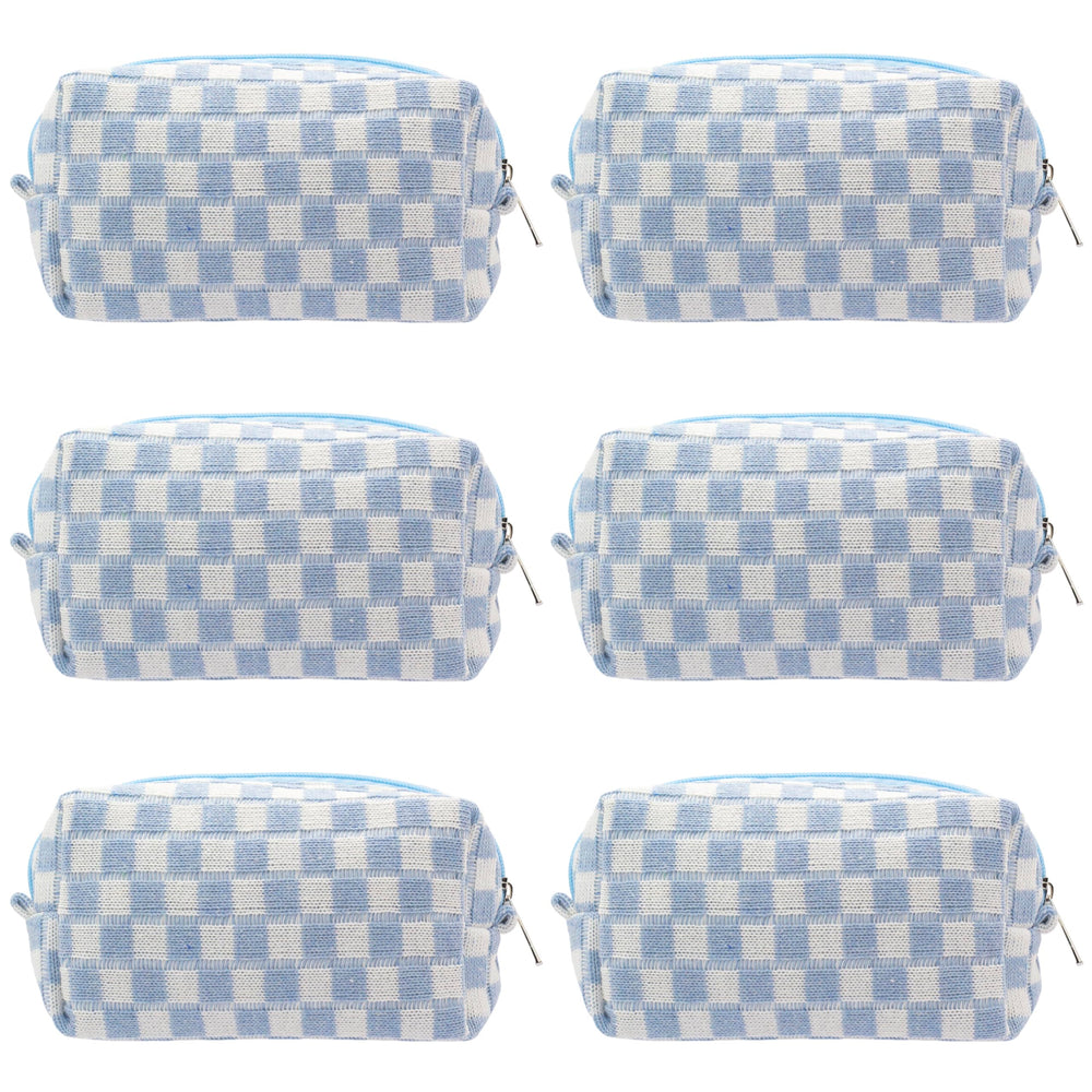 PAZIMIIK checkered makeup bag blue front view with stand-up base for easy access to cosmetics.