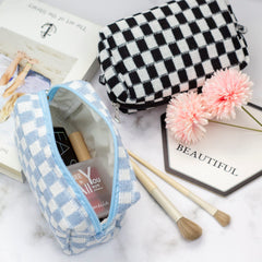 PAZIMIIK blue checkered makeup bag side view designed for compact travel storage.