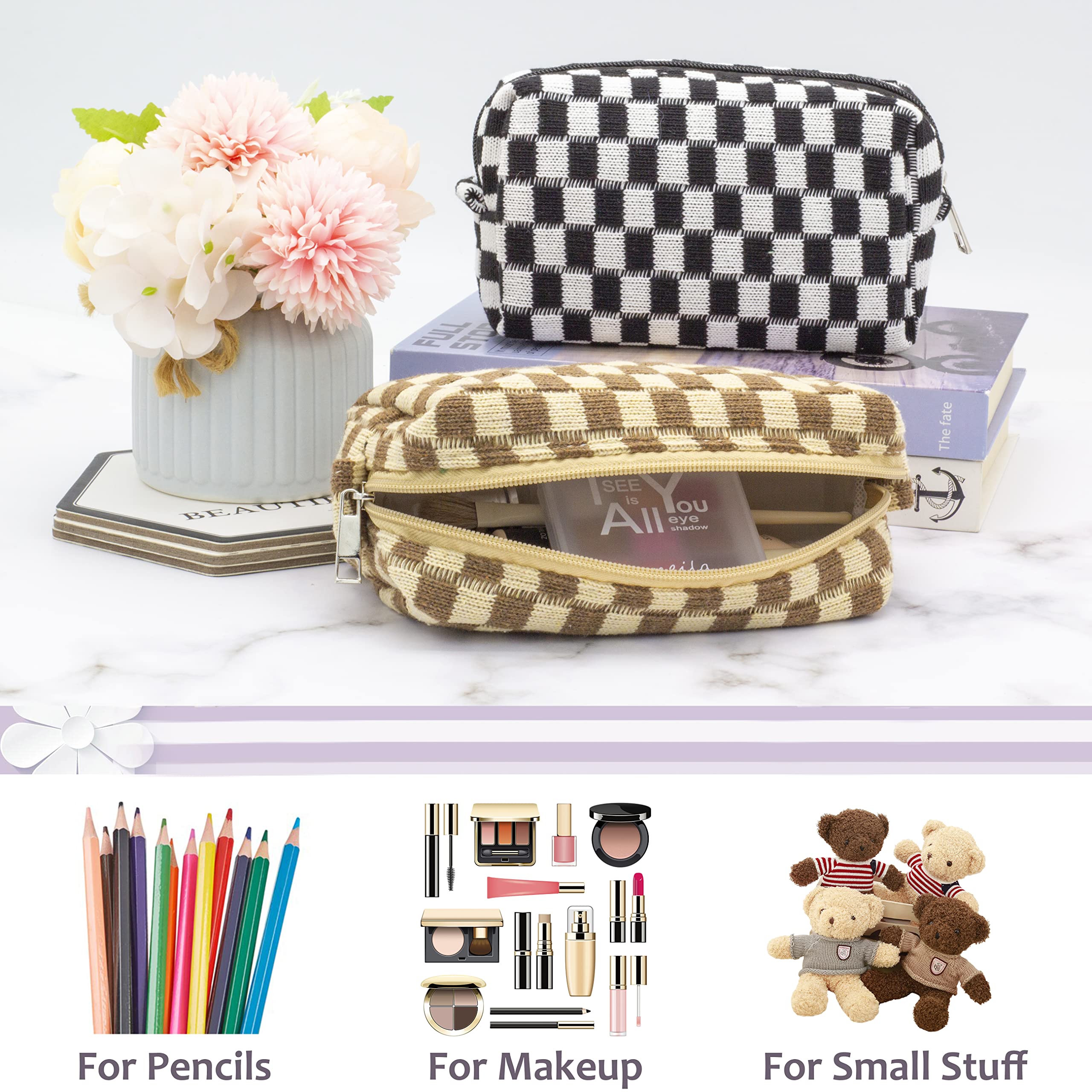 PAZIMIIK checkered makeup bag lightweight construction for easy portability.
