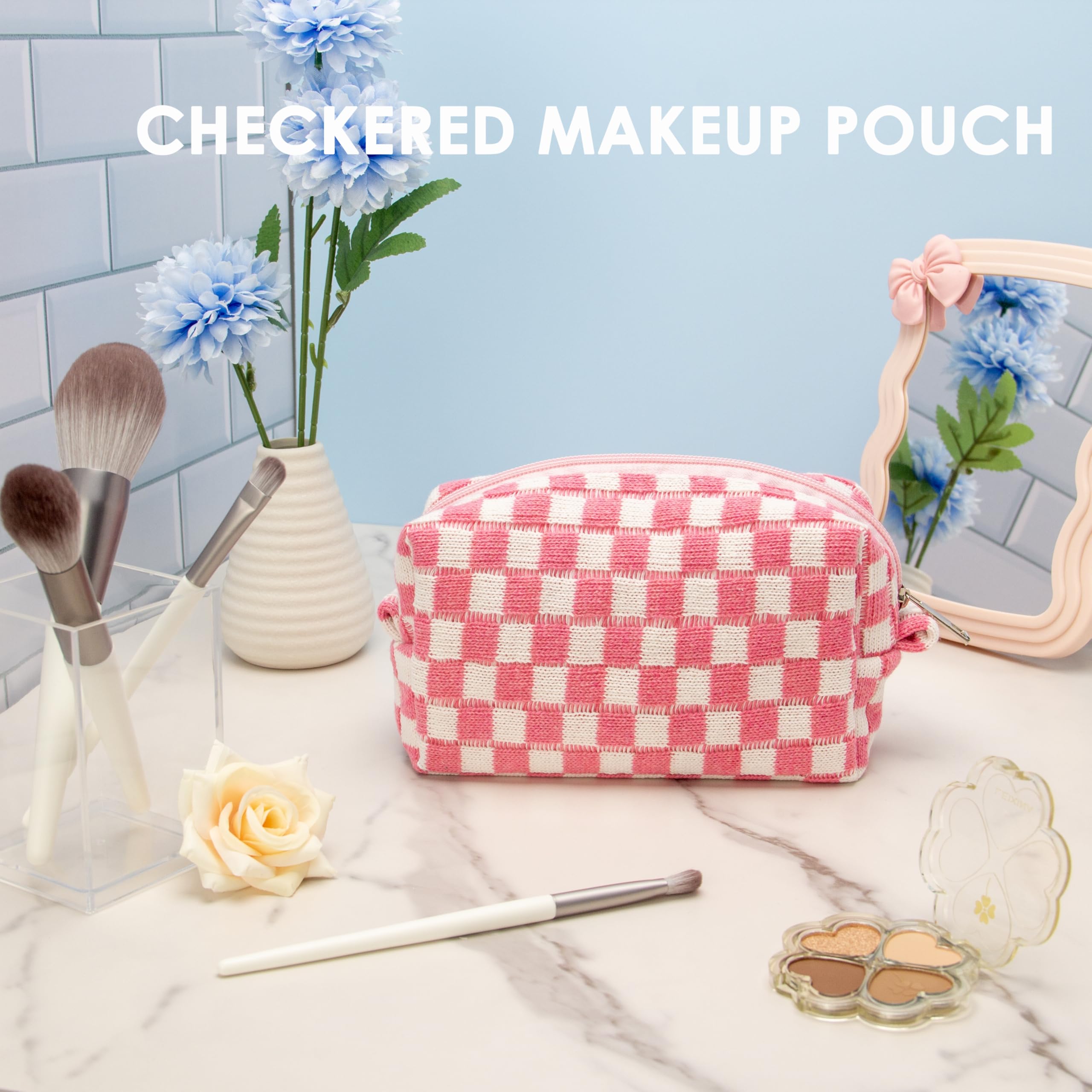 PAZIMIIK checkered makeup bag roomy compartment fits brushes, lipstick, skincare, and more.