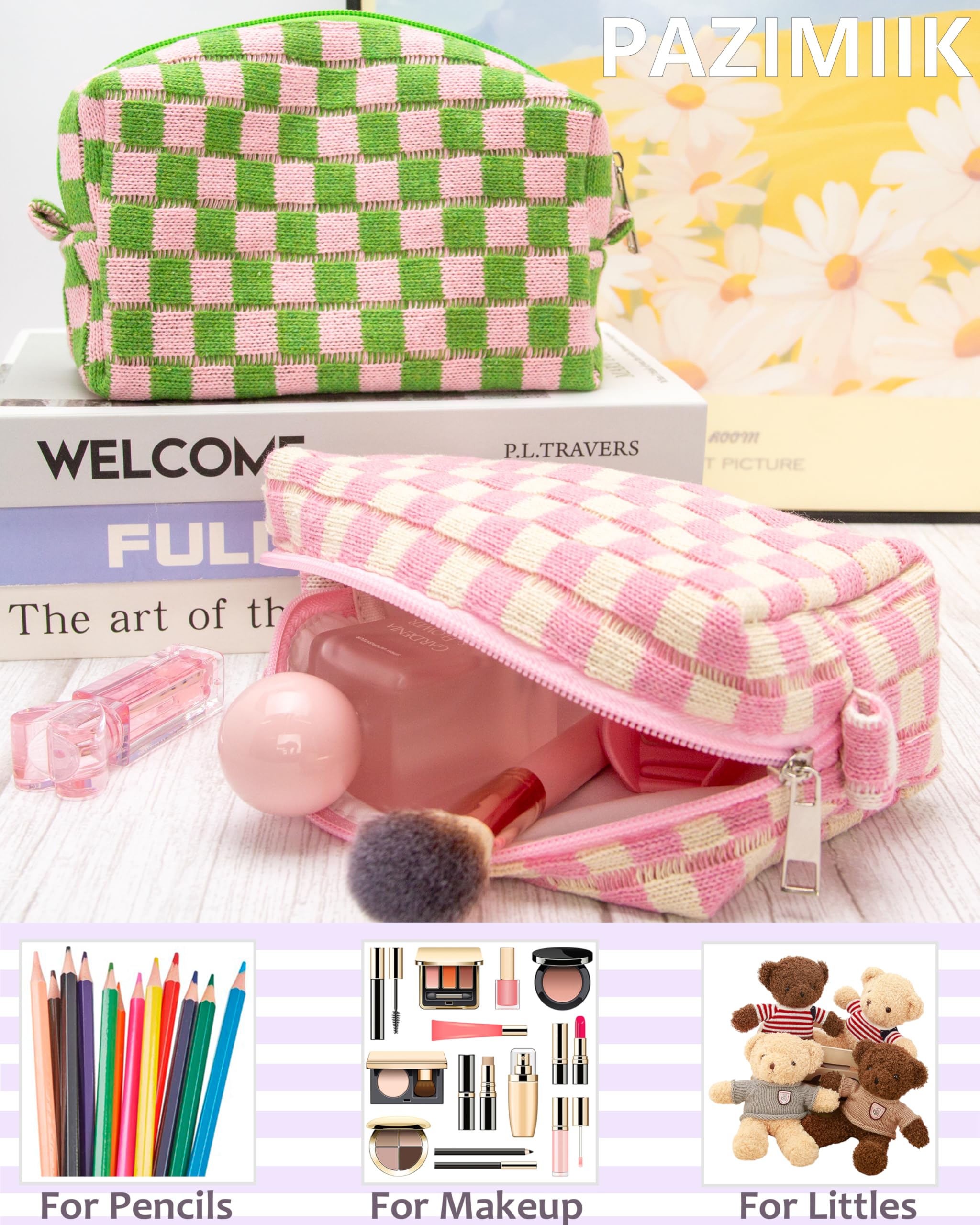 PAZIMIIK checkered makeup bag stand-up design keeps contents visible during routines.