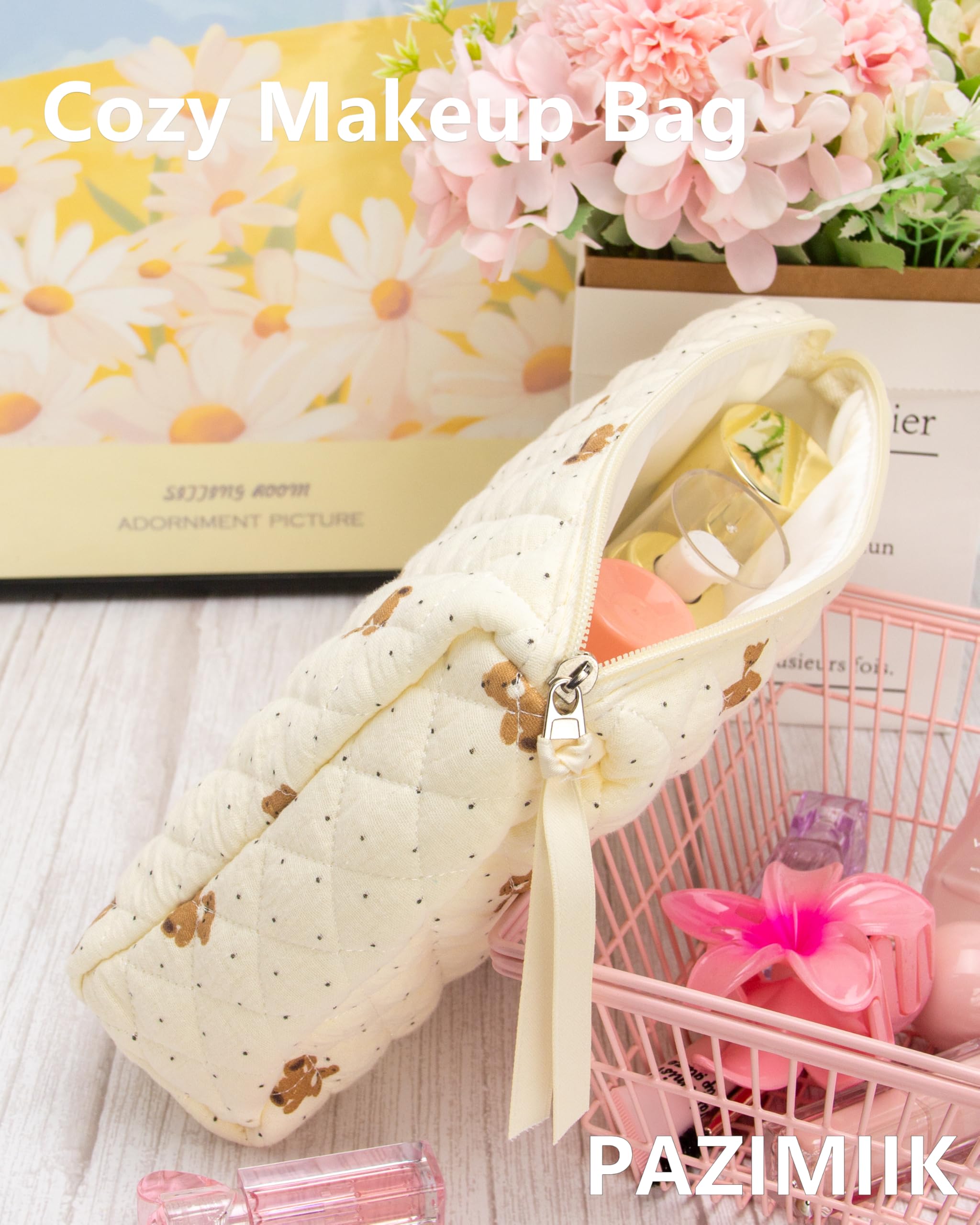 PAZIMIIK quilted makeup bag main compartment keeps cosmetics organized.
