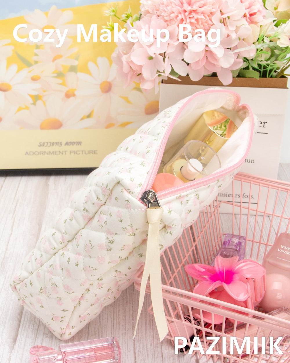 PAZIMIIK quilted makeup bag main compartment spacious for daily cosmetics and tools.