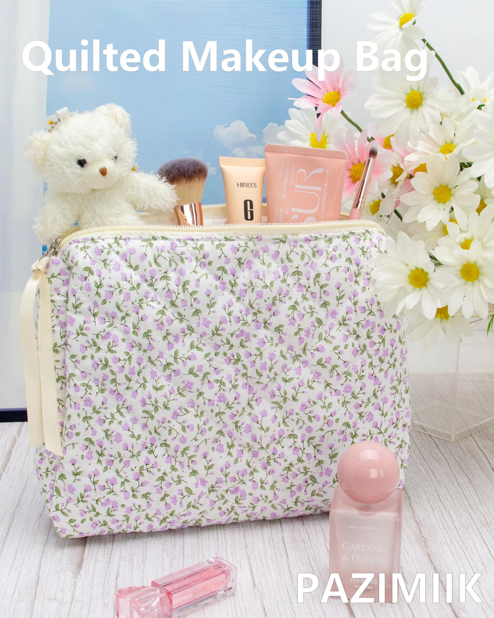 The mesh pocket keeps small items accessible during routine makeup application.
