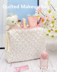 PAZIMIIK quilted makeup bag mesh pocket keeps brushes and small items organized.
