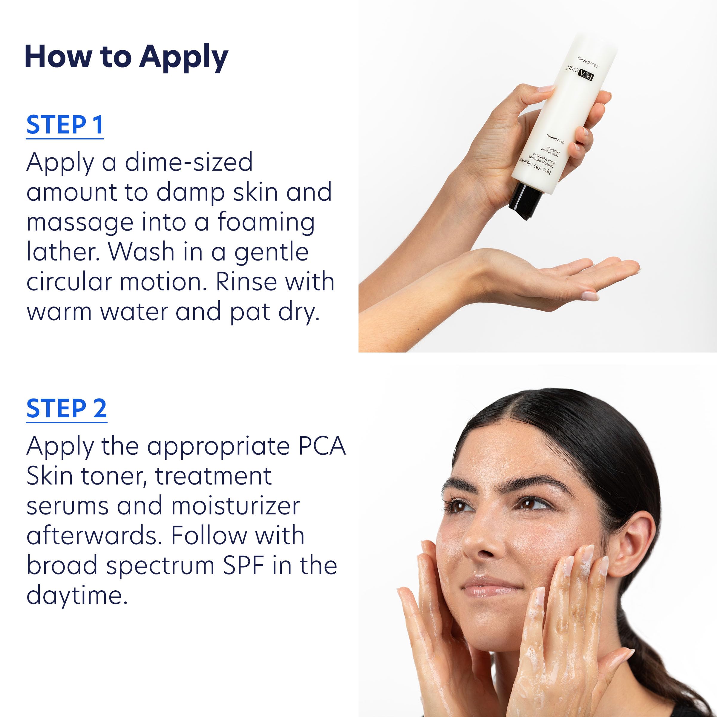PCA SKIN benzoyl peroxide face wash bottle with label for clear pores