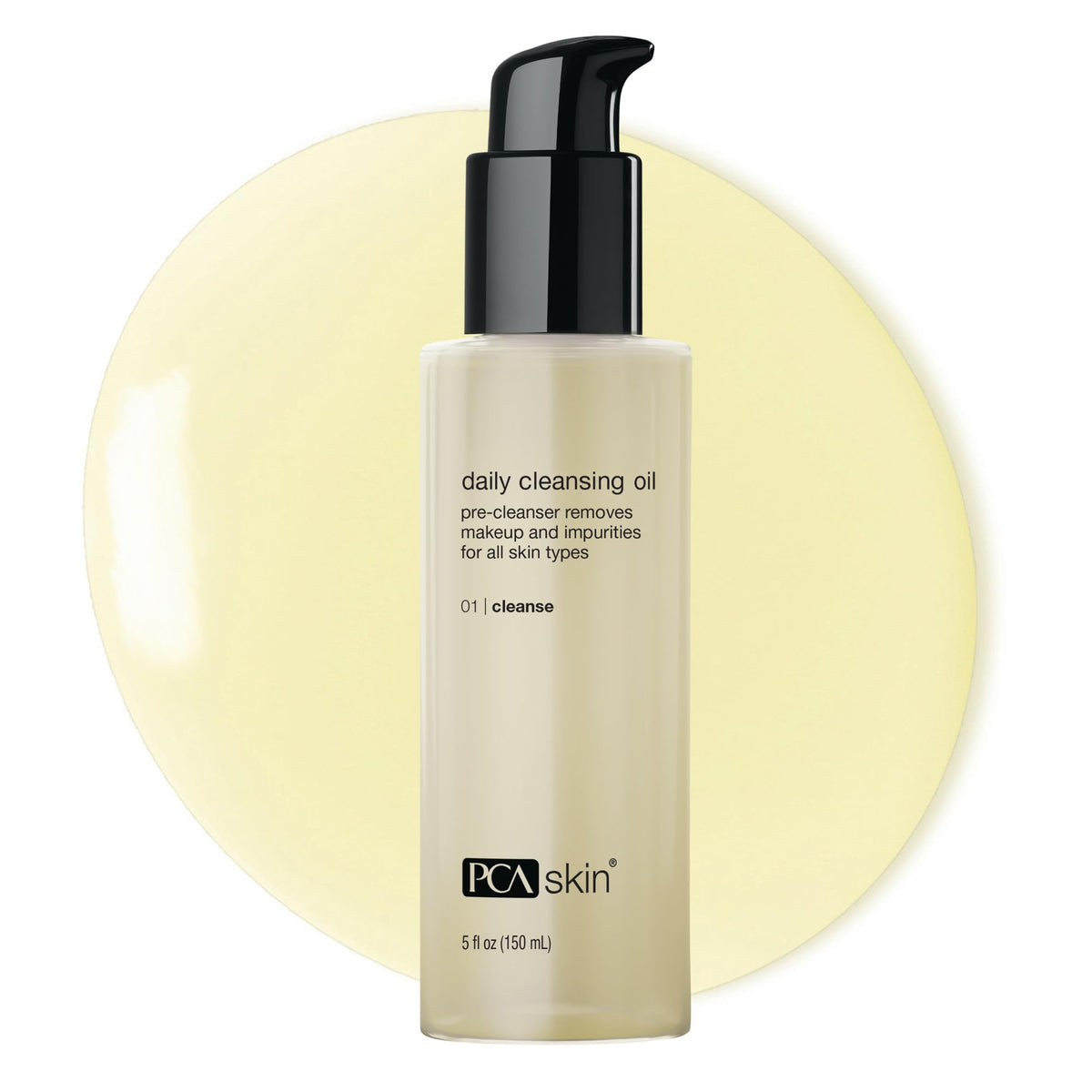 PCA SKIN Daily Cleansing Oil bottle pour illustrates easy makeup removal.