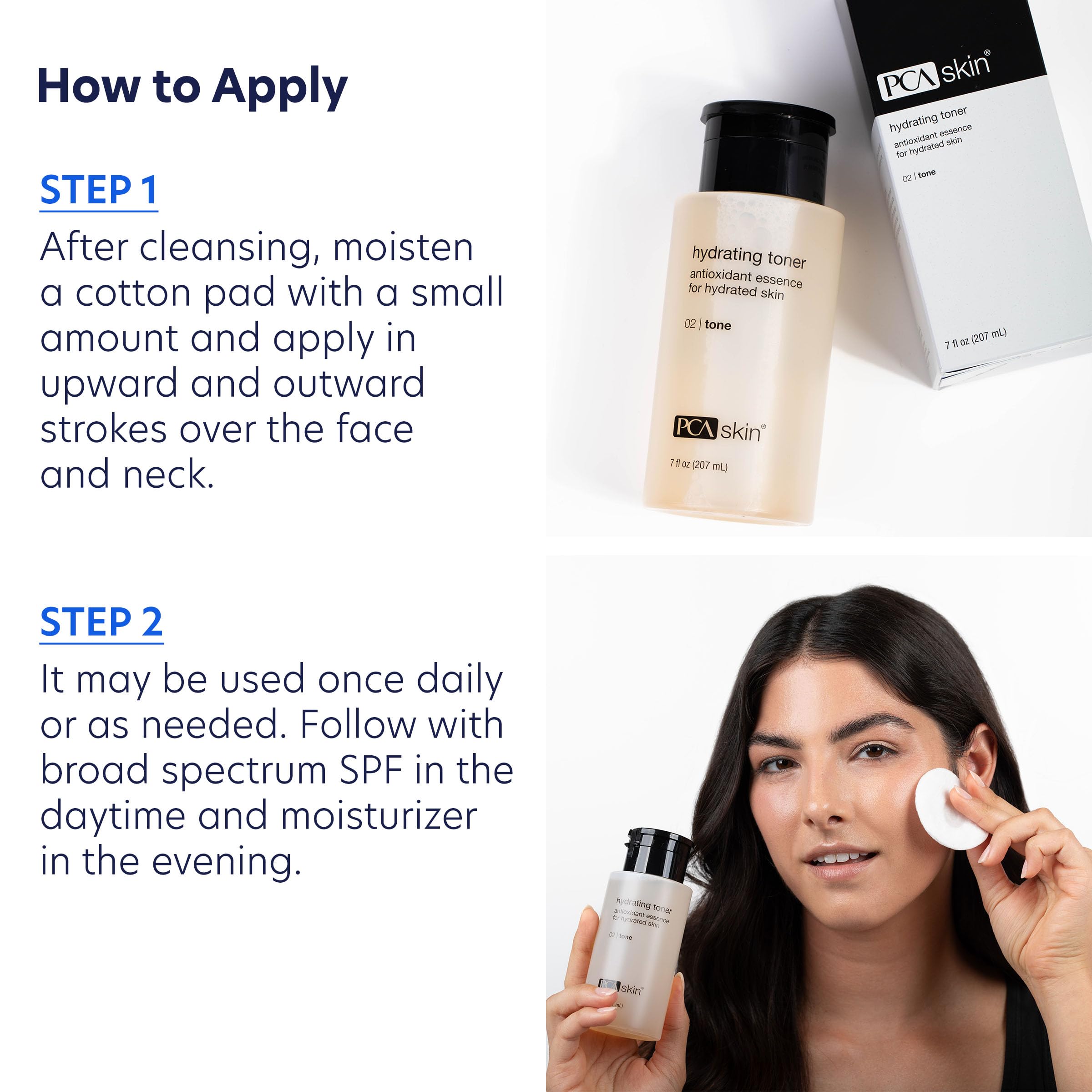 PCA SKIN Hydrating Toner on cotton pad enhances gentle application.