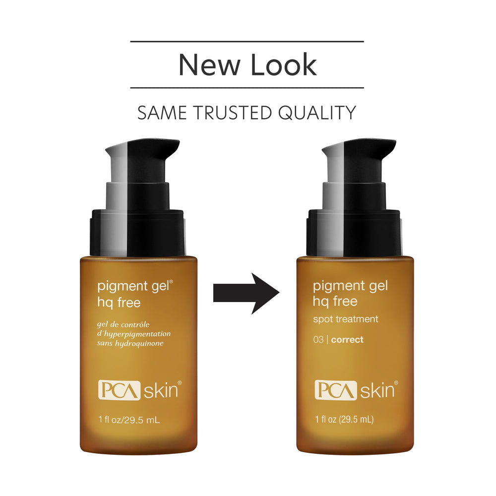 PCA SKIN Pigment Gel bottle close-up shows hydroquinone-free, sensitive-skin friendly formula