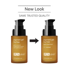 PCA SKIN Pigment Gel bottle close-up shows hydroquinone-free, sensitive-skin friendly formula