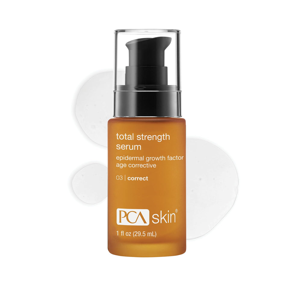 PCA Skin Total Strength serum bottle highlights premium anti-aging packaging.