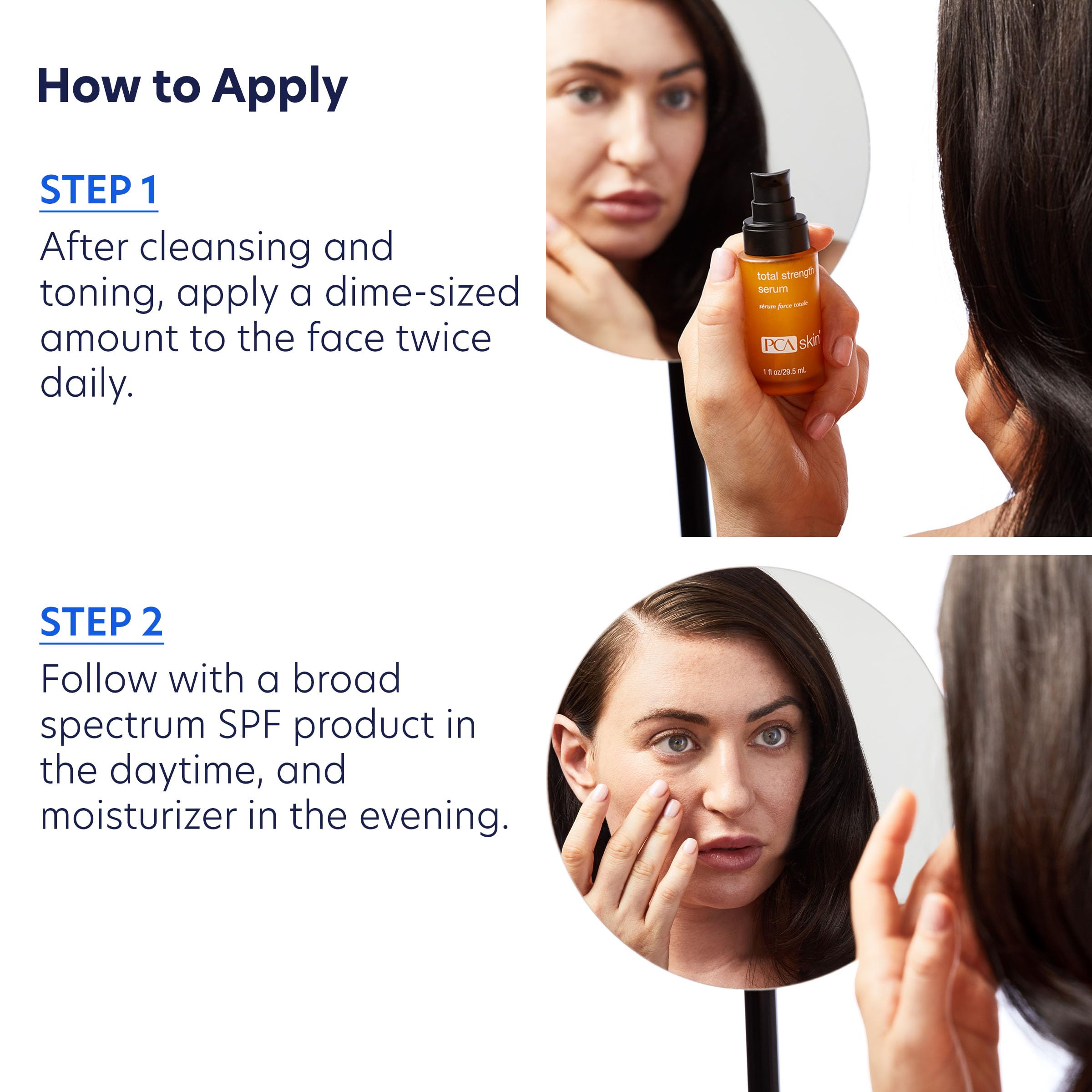PCA Skin Total Strength serum on the face for radiant glow.