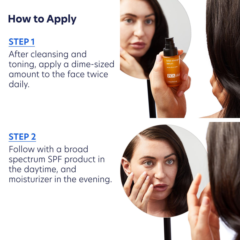 PCA Skin Total Strength serum on the face for radiant glow.
