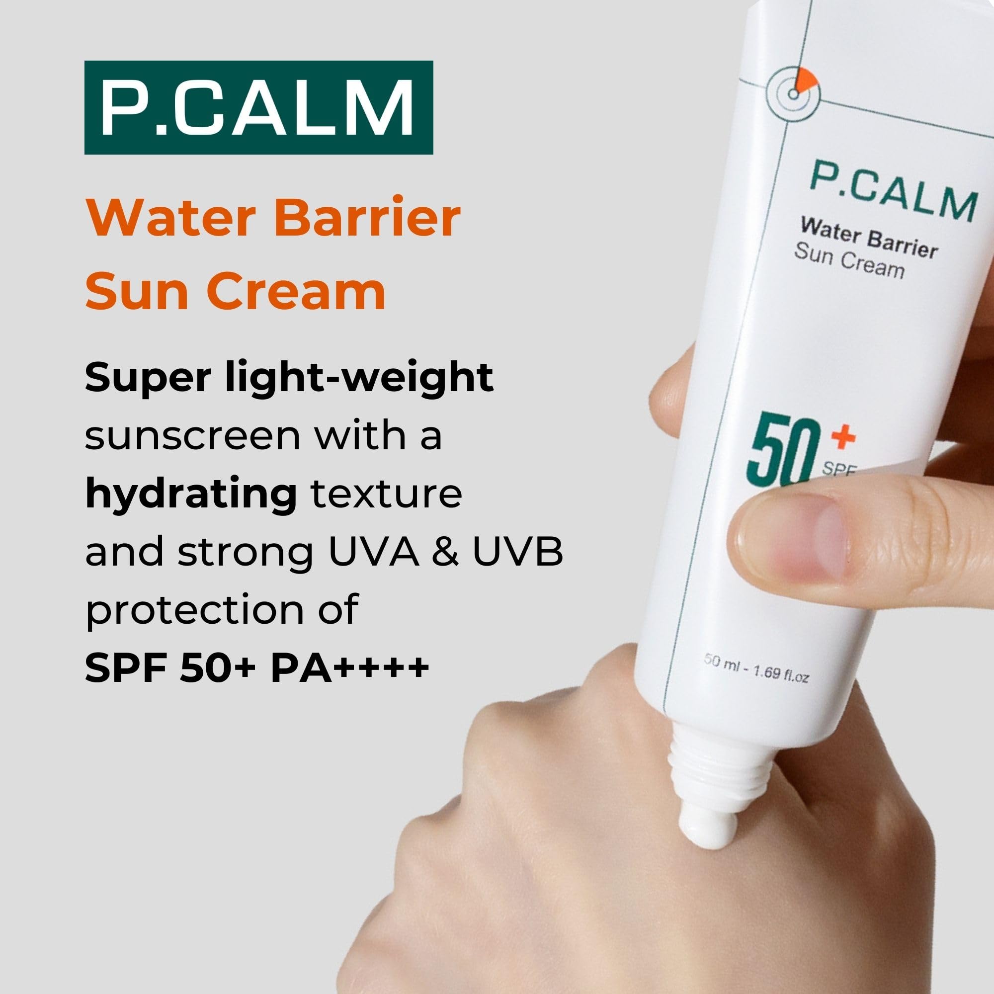 P.CALM lightweight gel texture application demonstrates quick absorption for daily sun defense.