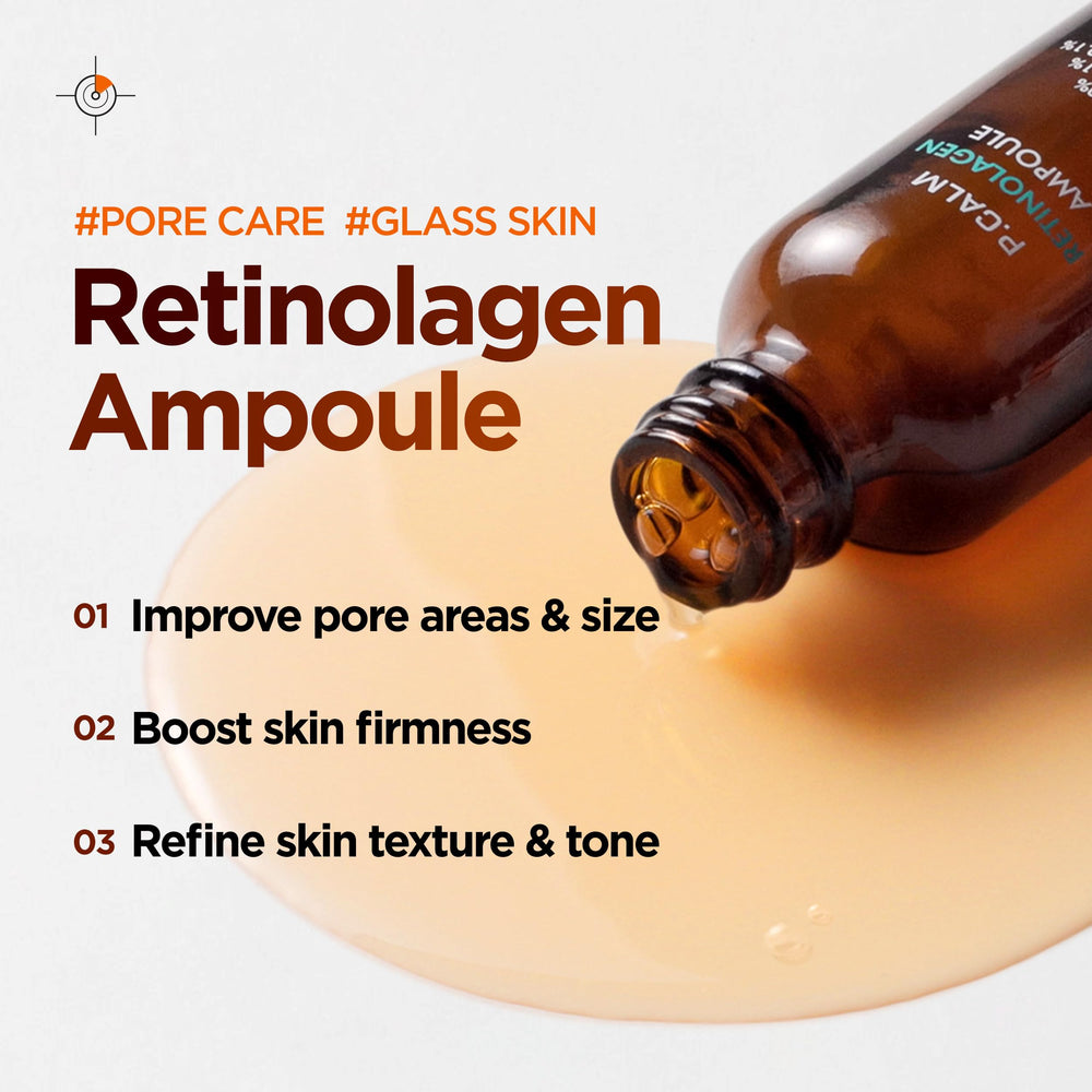 P.CALM Retinolagen Ampoule texture-smoothing highlights refined skin texture with micro-dosed retinal.