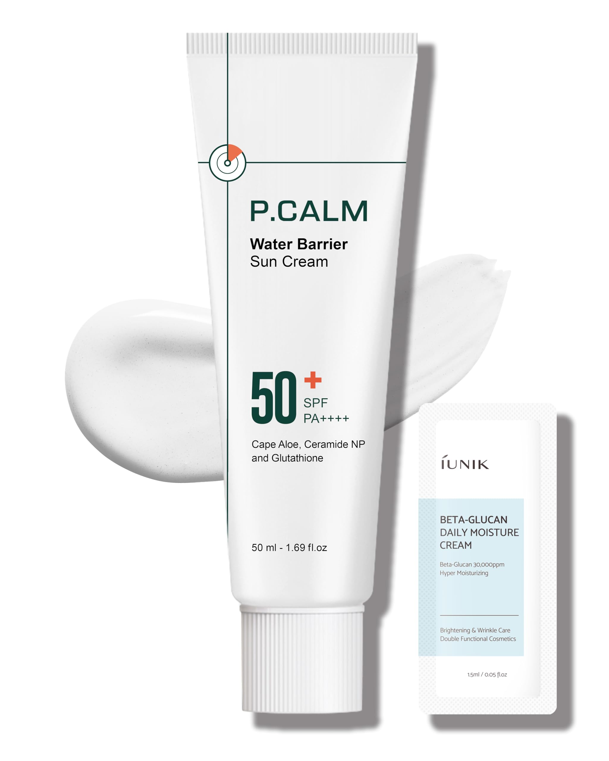 P.CALM water barrier sun cream bottle shows hydrating protection with a matte finish.