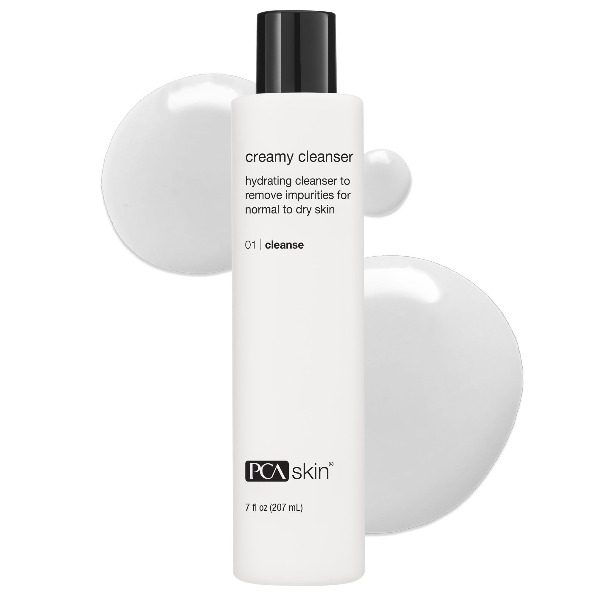 PCA SKIN Creamy Moisturizing Face Cleanser bottle showing hydrating formula for dry skin.
