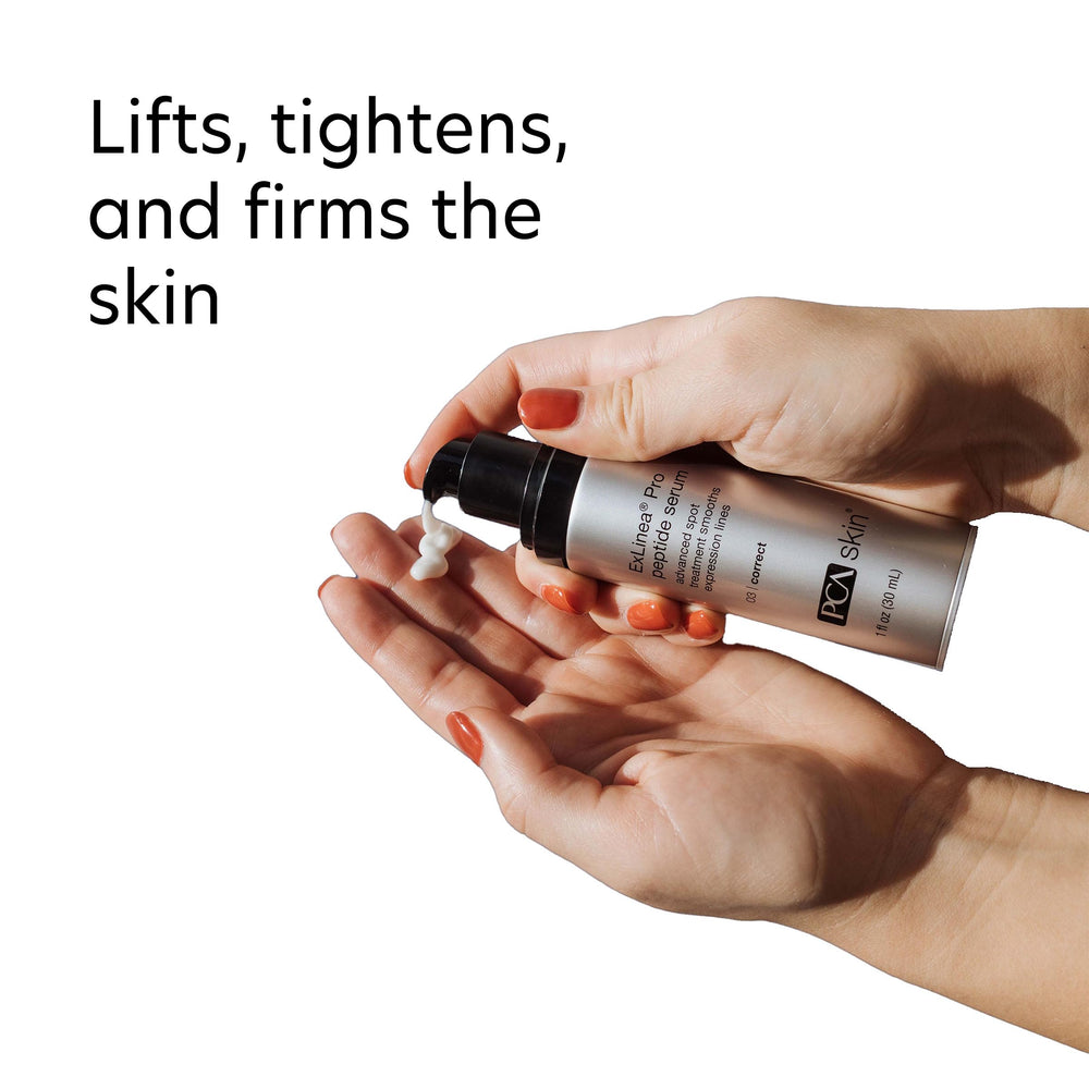 Close-up PCA SKIN ExLinea Pro label emphasizing peptide formula for anti-aging support.