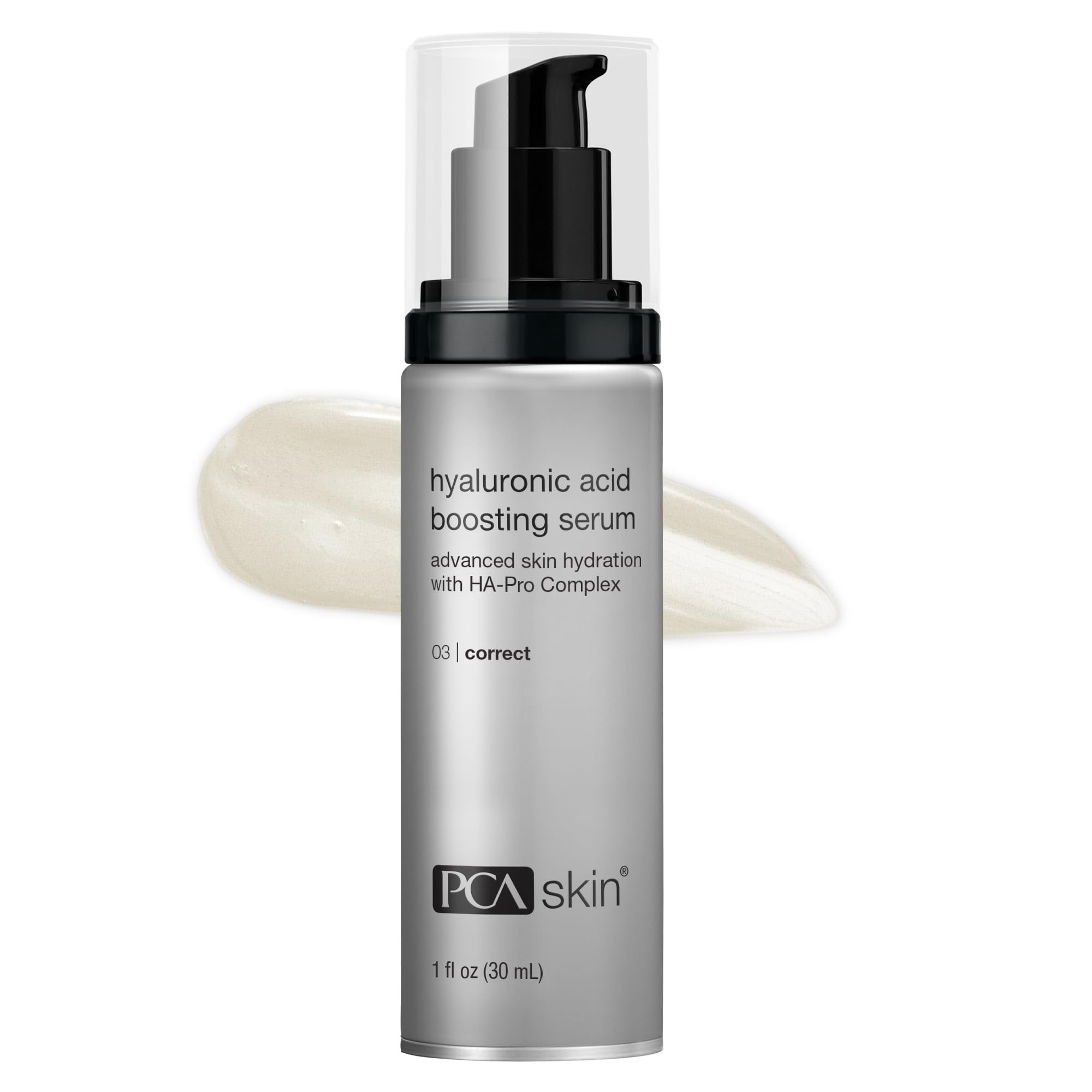 PCA SKIN Hyaluronic Acid Serum bottle closeup highlights premium hydration for skin.