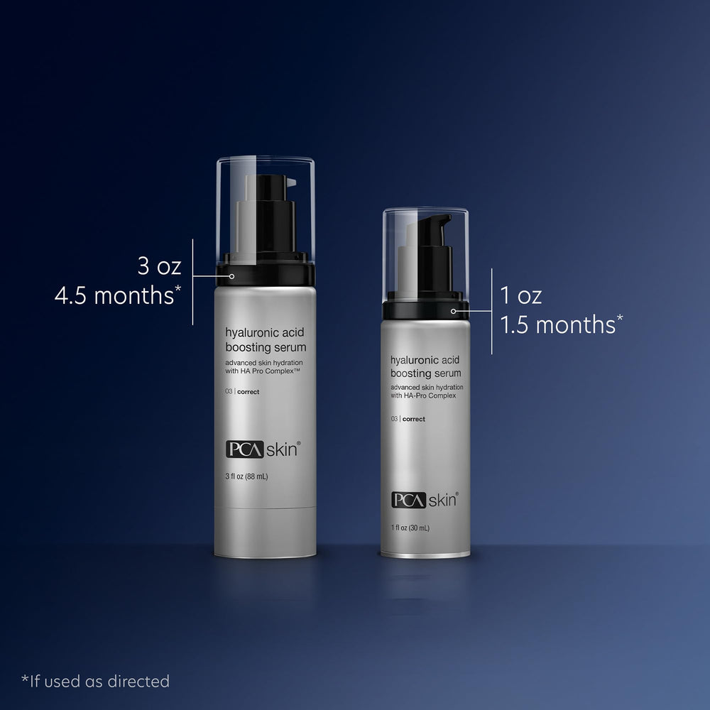 PCA SKIN Hyaluronic Acid Serum packaging highlights travel-friendly pump bottle.