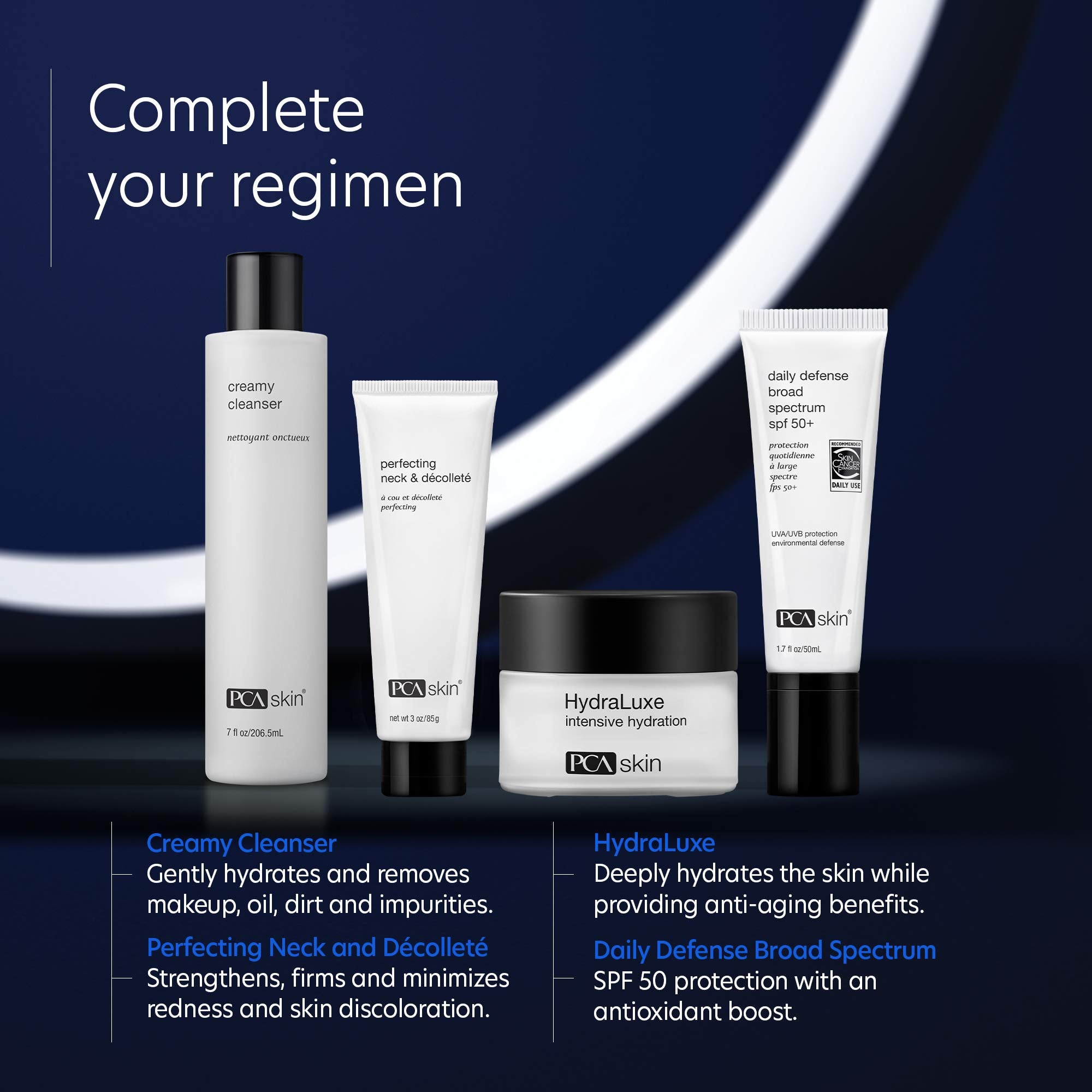 PCA SKIN perfecting neck-chest firming cream ingredients panel features tripeptides and retinol.