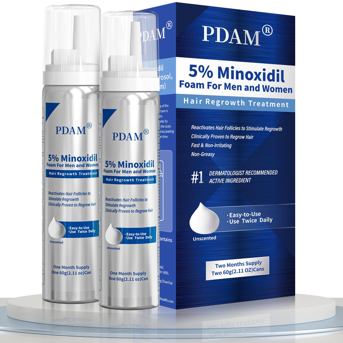 Pdam Minoxidil foam scalp-application for thinning hair with quick absorption and non-greasy feel.