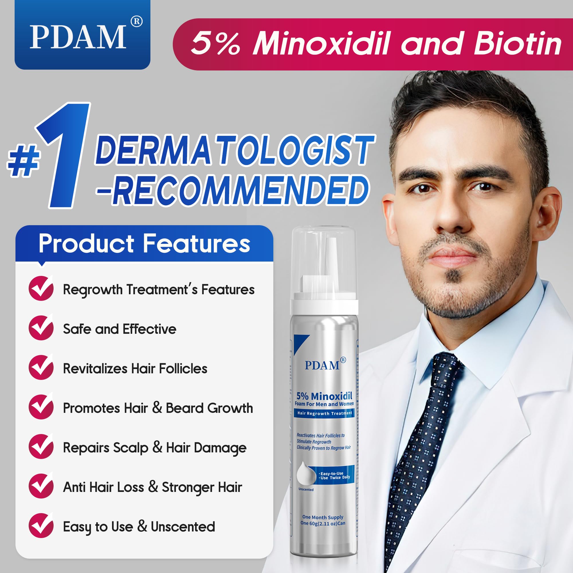 Pdam Minoxidil foam tube-packaging designed for convenient daily use.