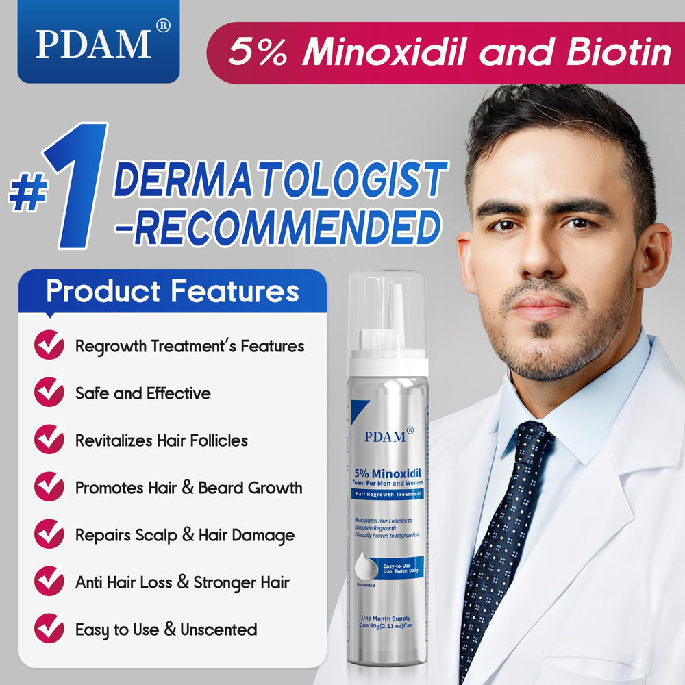 Pdam Minoxidil foam tube-packaging designed for convenient daily use.