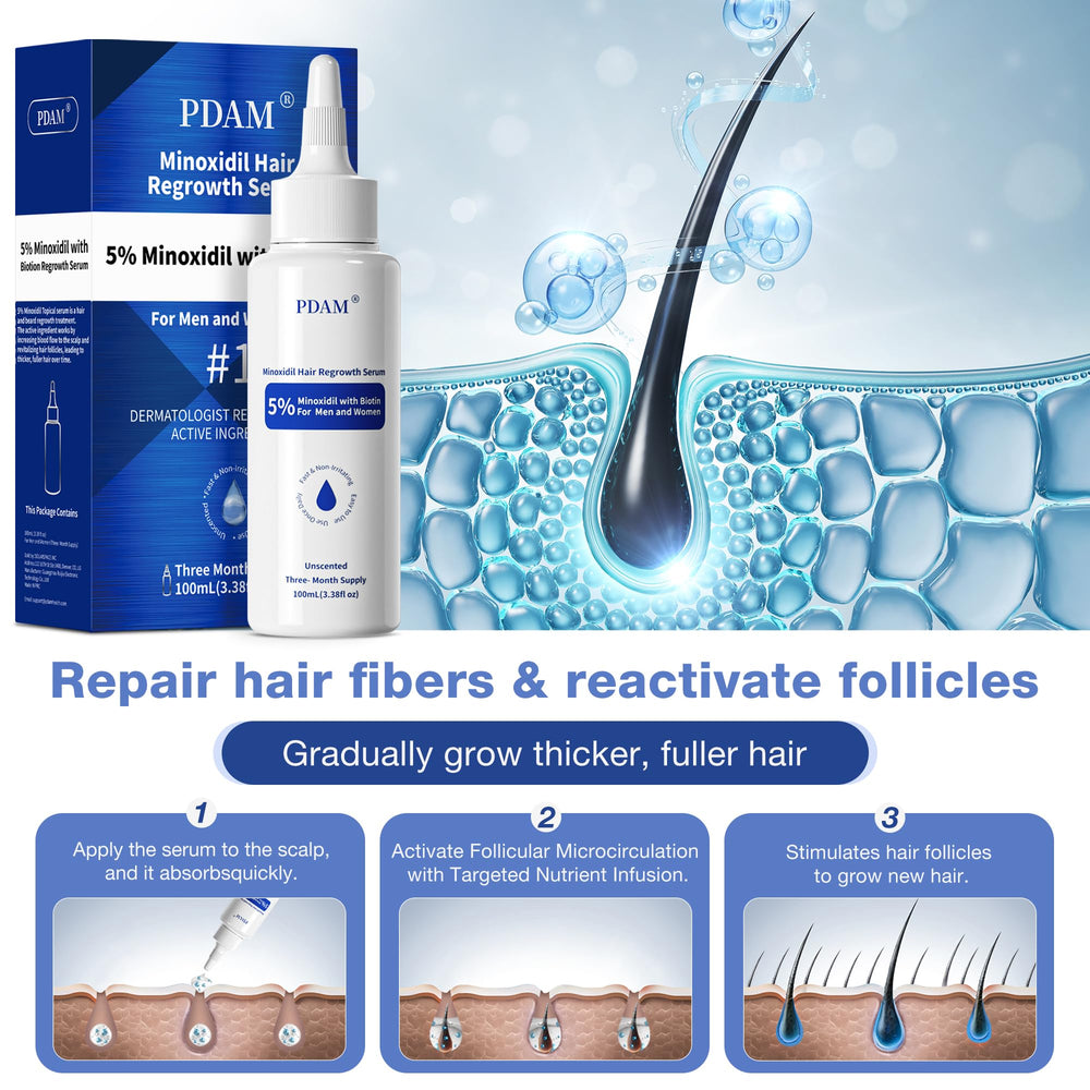 Pdam Minoxidil serum on hand demonstrates easy scalp application