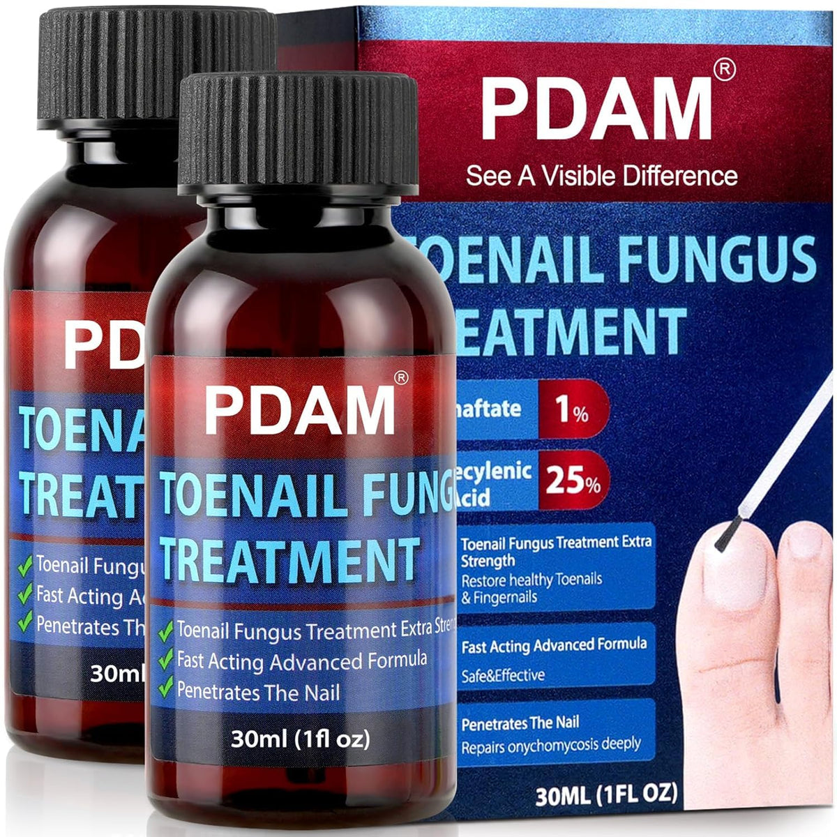 PDAM toe nail fungus treatment bottle pour—easy, mess-free application for on-the-go care.