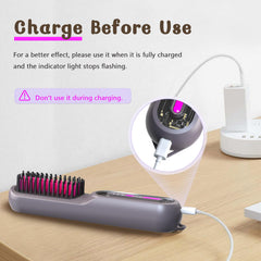 PDGROW Hair Straightener Brush showing 3-temperature settings for different hair types.