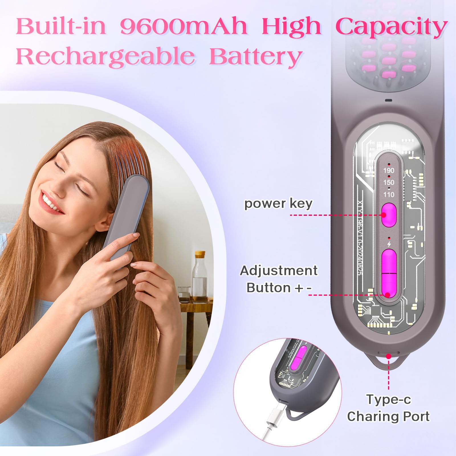 PDGROW Hair Straightener Brush with heat-resistant teeth to reduce burns during use.