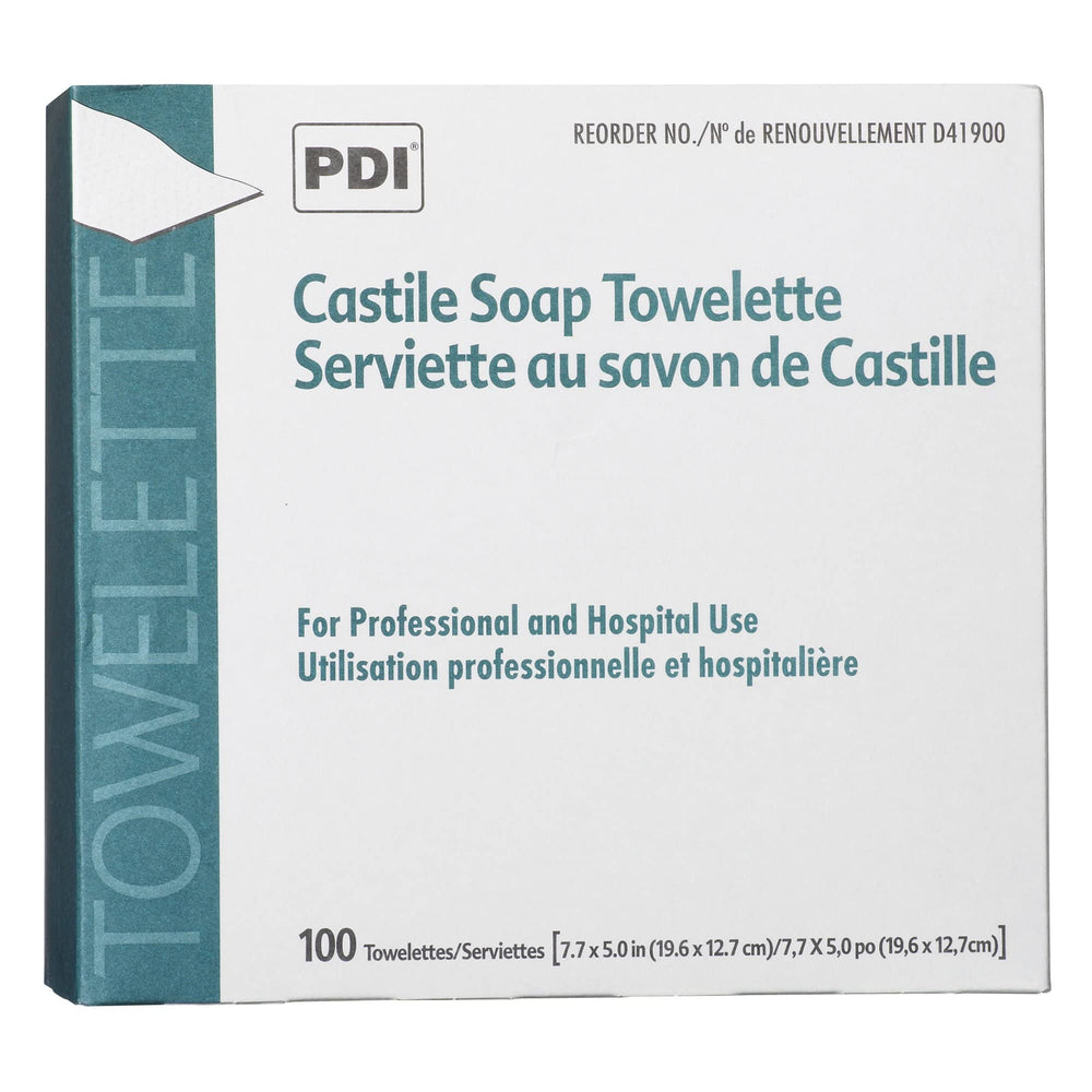 PDI Castile Soap Towelette individual-packet demonstrates single-use convenience for fresh cleansing anywhere.