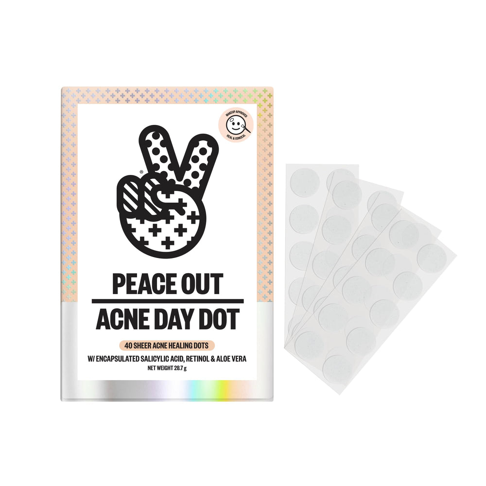 Peace Out Acne Day Dot patch on face closeup showing discreet daytime healing aid