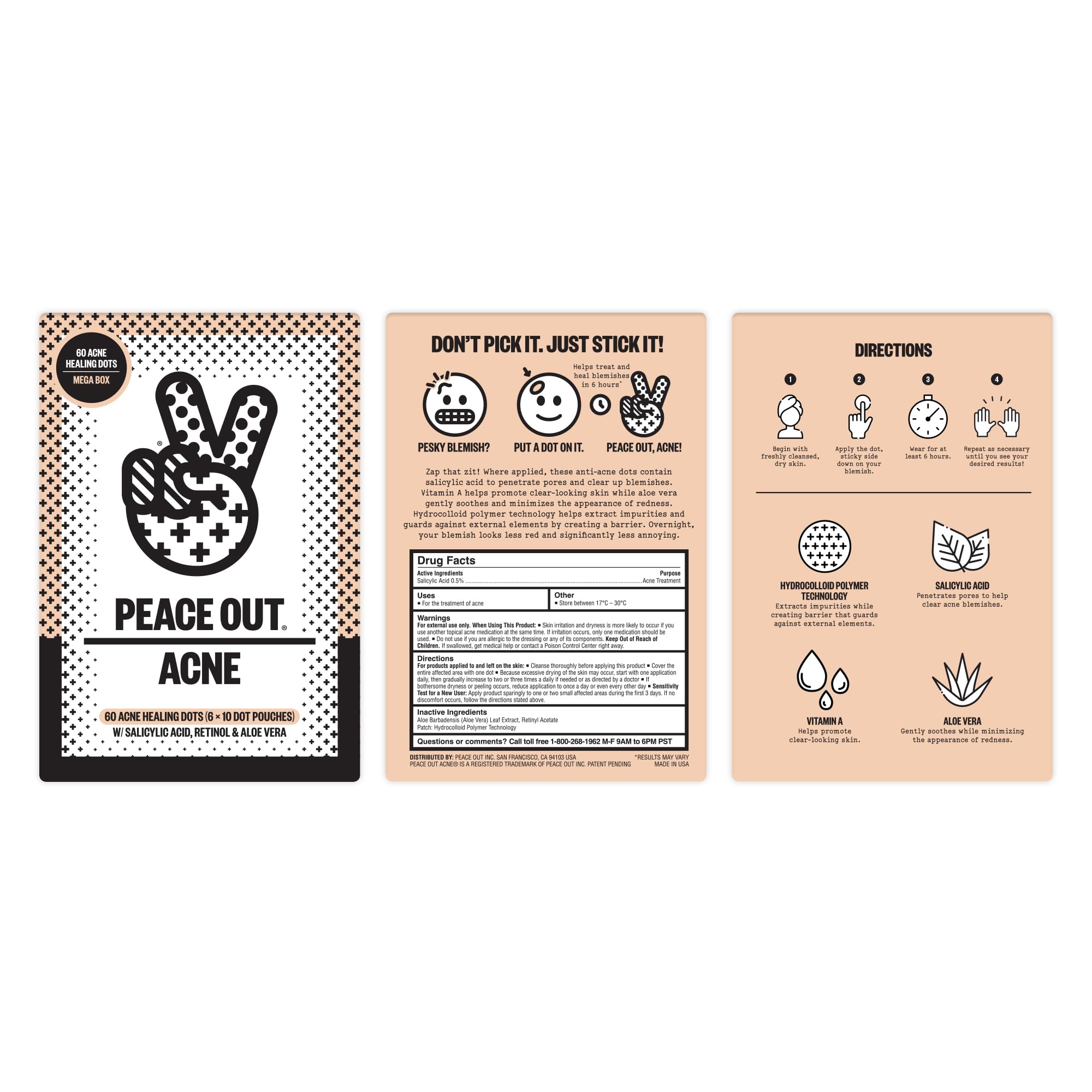 PEACE OUT Acne Healing Dots closeup shows discreet patch with potent actives.