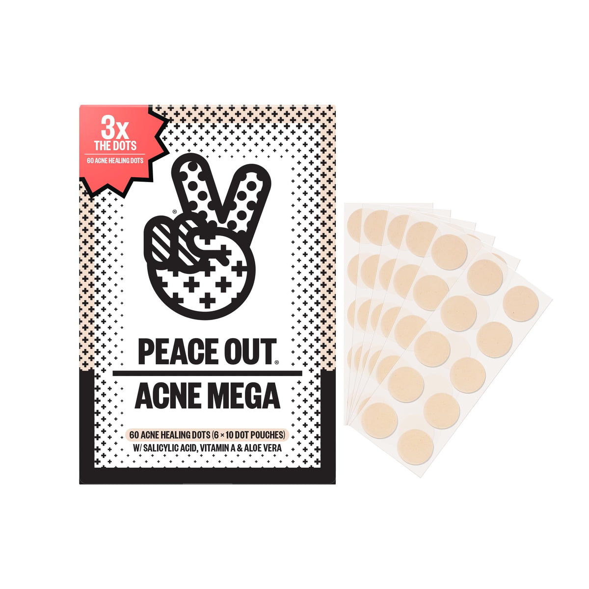 PEACE OUT Acne Healing Dots packaging demonstrates portable, on-the-go acne care.