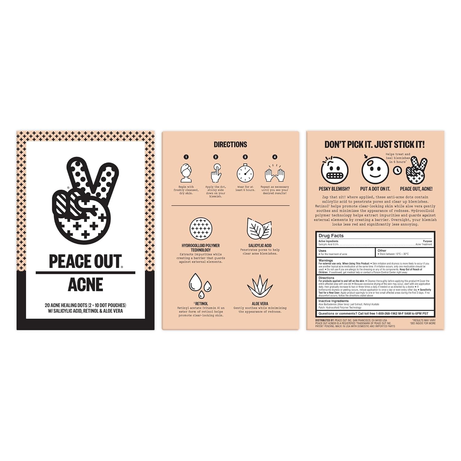 PEACE OUT Acne Healing Dots on face closeup demonstrating clear patch coverage overnight.