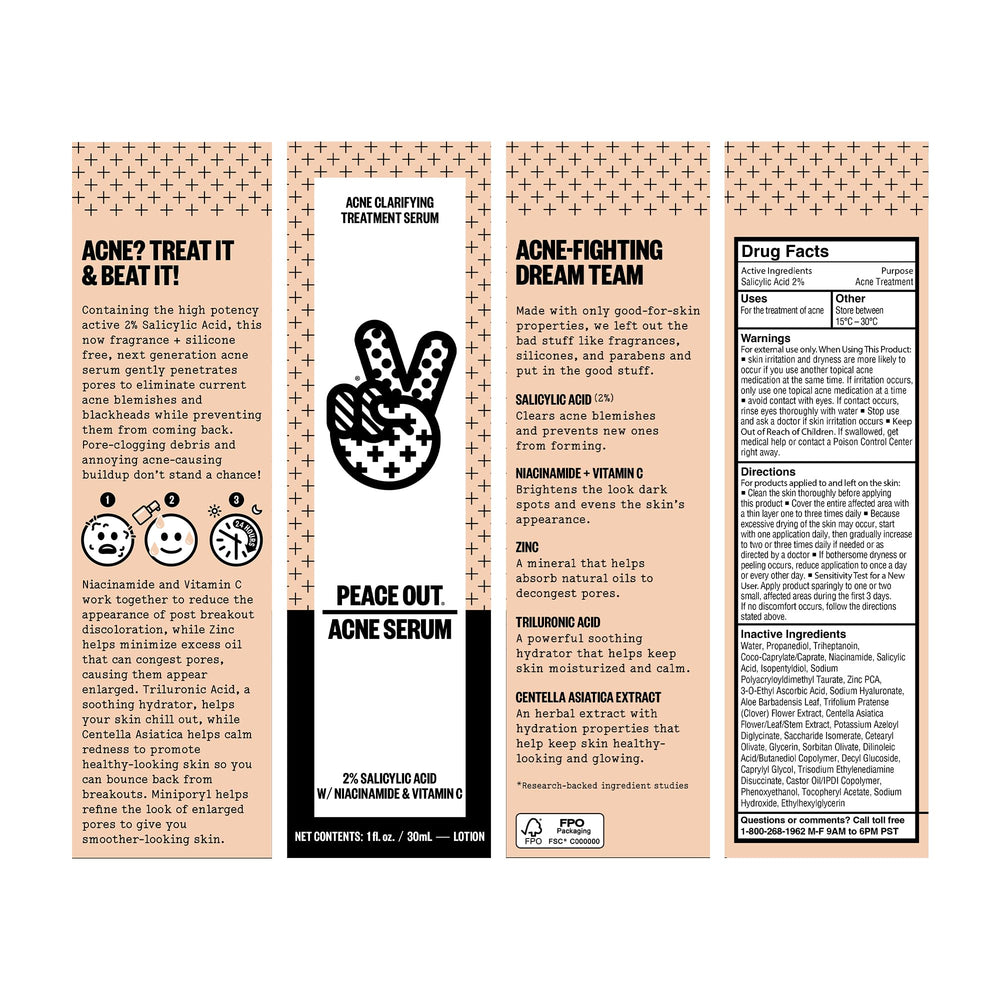 Peace Out Acne Serum label close-up highlighting vegan ingredients and 2% salicylic acid