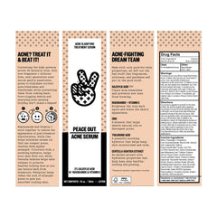 Peace Out Acne Serum label close-up highlighting vegan ingredients and 2% salicylic acid