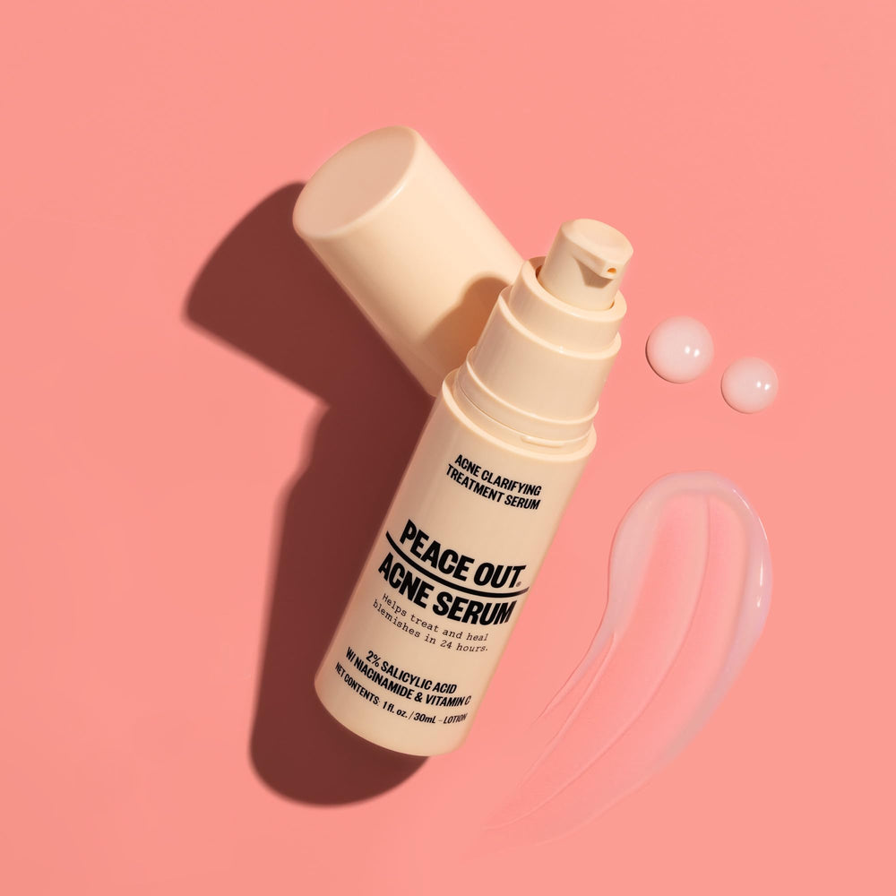 Peace Out Acne Serum packaging close-up emphasizing clean vegan formula and active ingredients