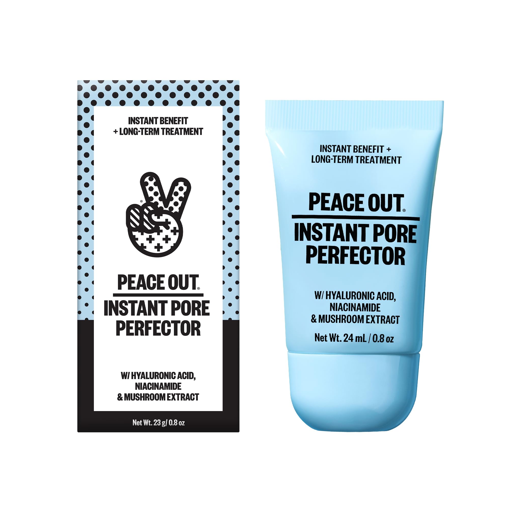 PEACE OUT Instant Pore Perfector bottle closeup showing instant pore blurring.