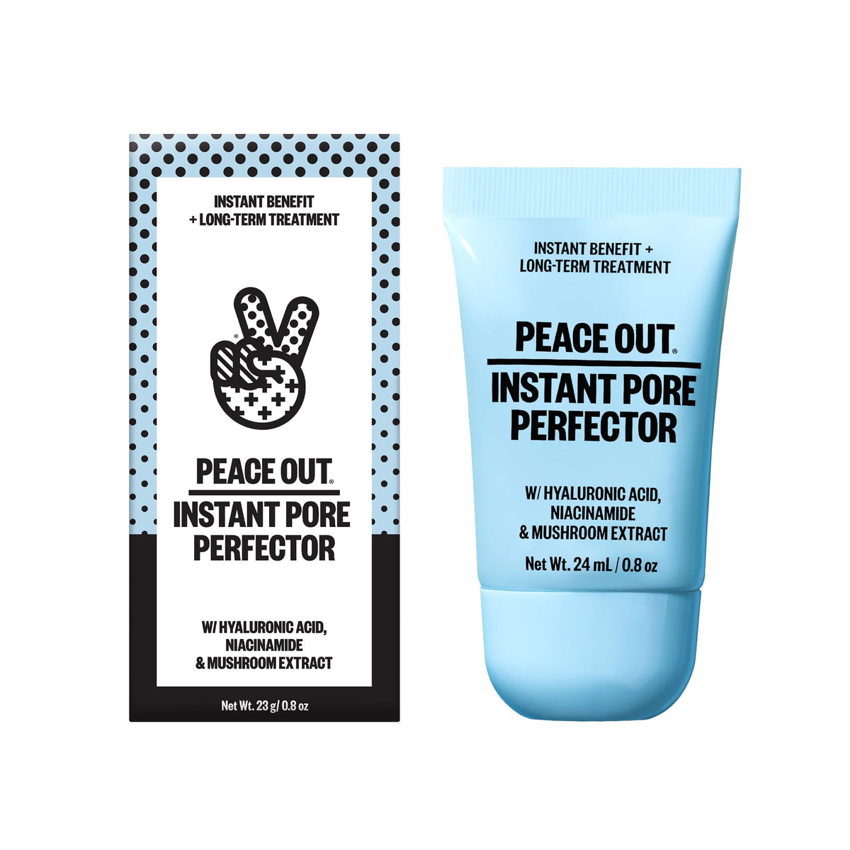 PEACE OUT Instant Pore Perfector bottle closeup showing instant pore blurring.